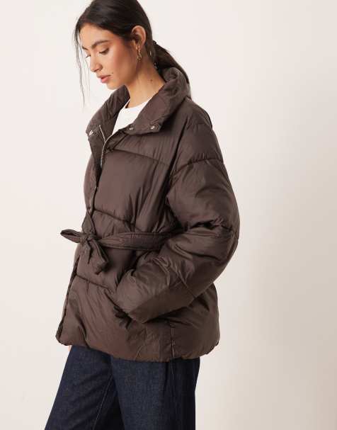 Gina Tricot belted puffer jacket in dark brown - view 1
