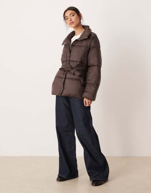 Gina Tricot belted puffer jacket in dark brown, 2 of 4