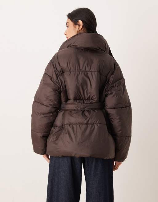 Gina Tricot belted puffer jacket in dark brown, 3 of 4