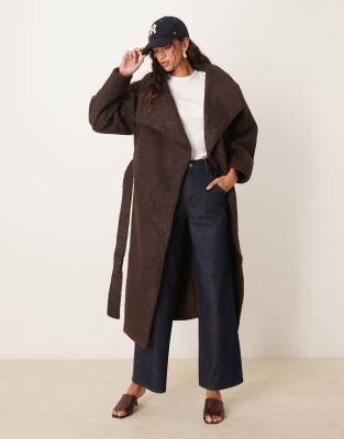 belted wrap midi coat with funnel neck in brown