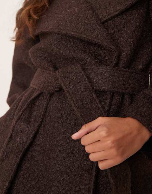 Gina Tricot belted wrap midi coat with funnel neck in brown