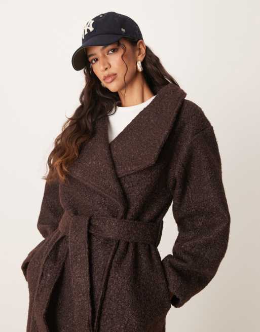 Gina Tricot belted wrap midi coat with funnel neck in brown