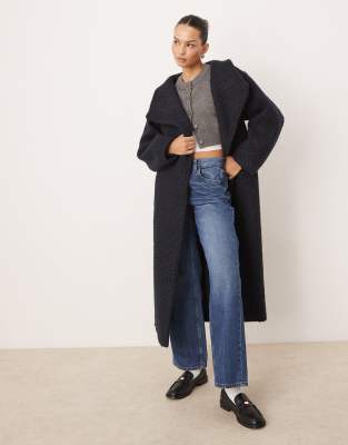 belted wrap midi coat with funnel neck in navy blue