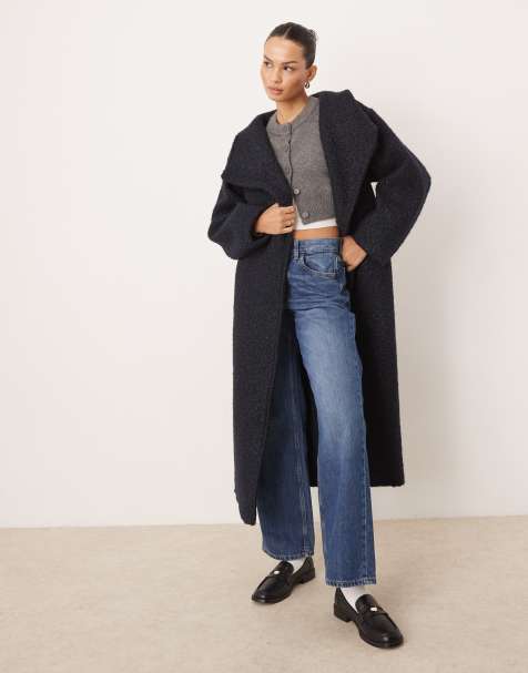 Gina Tricot belted wrap midi coat with funnel neck in navy blue - view 1