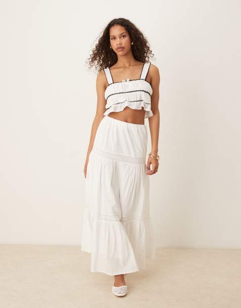 Gina Tricot tiered lace midi skirt in white