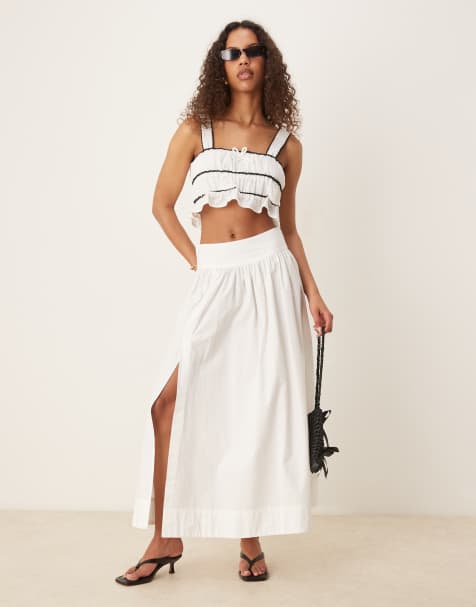 Gina Tricot poplin balloon split maxi skirt in white