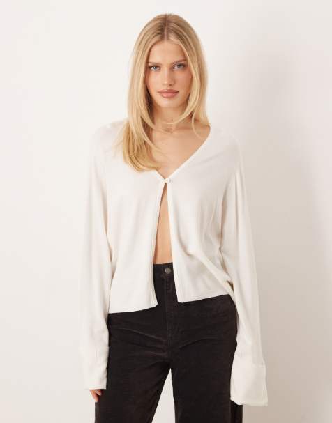 Gina Tricot folded sleeve single button knitted cardigan in cream