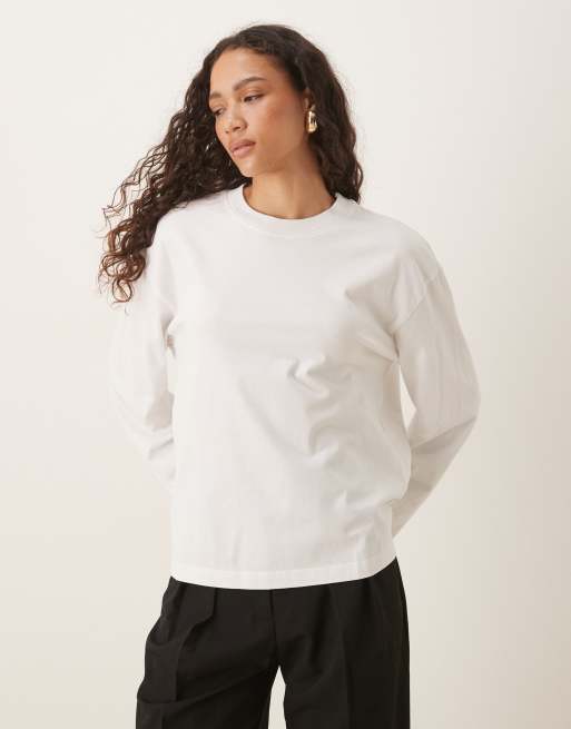 Gina Tricot – Biały luźny T-shirt z długimi rękawami