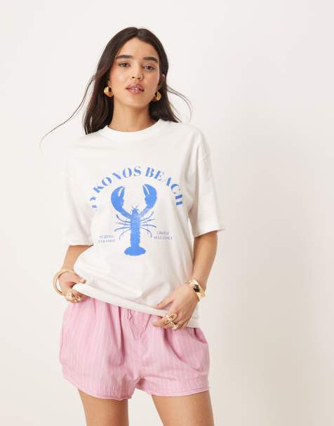 Gina Tricot – Biały T-shirt oversize z krótkimi rękawami i grafiką z napisem „Mykonos Beach" - view 1