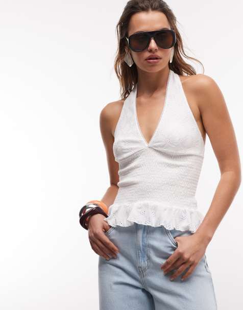 Gina Tricot – Biały top z dekoltem halter i haftem angielskim - view 1
