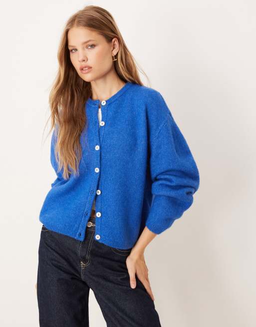 Gina Tricot - Blå cardigan med rund hals i strikket alpakauld
