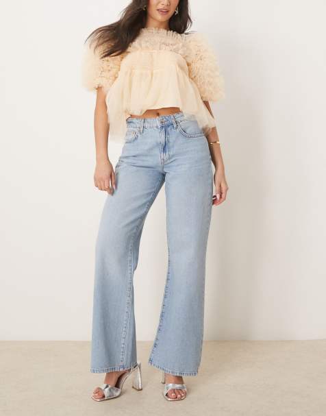 Gina Tricot - Blå lavtaljede jeans med brede ben i lys vask - view 1