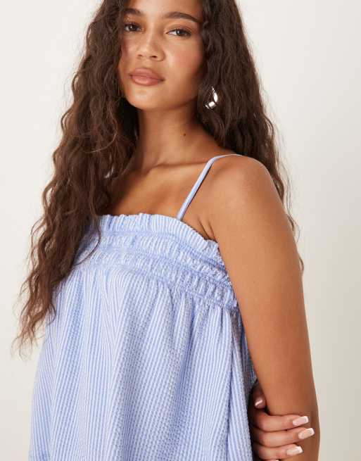 Gina Tricot - Blå smock-top med tekstur og striber - Del af sæt, 4 af 4