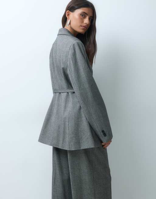 Gina Tricot blazer co-ord with belt detail in grey herringbone, 2 of 5