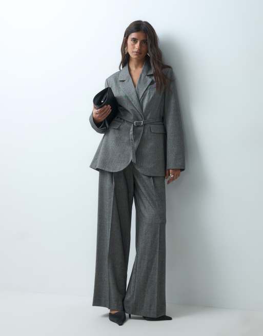 Gina Tricot blazer co-ord with belt detail in grey herringbone, 4 of 5