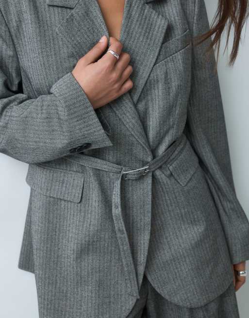 Gina Tricot blazer co-ord with belt detail in grey herringbone, 5 of 5