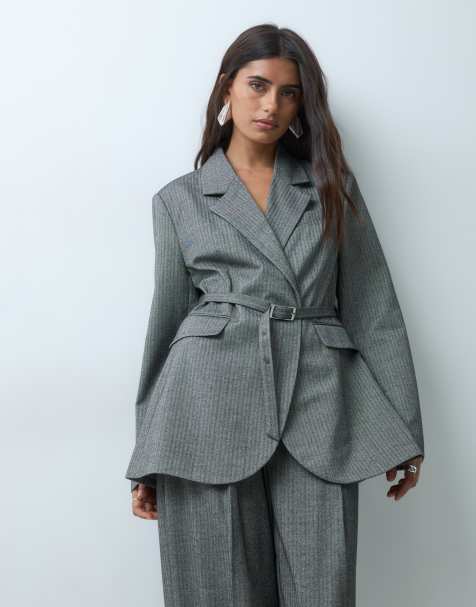Gina Tricot Blazer-Kombiteil mit Gürtel-Detail in grauem Fischgrätenmuster - view 1