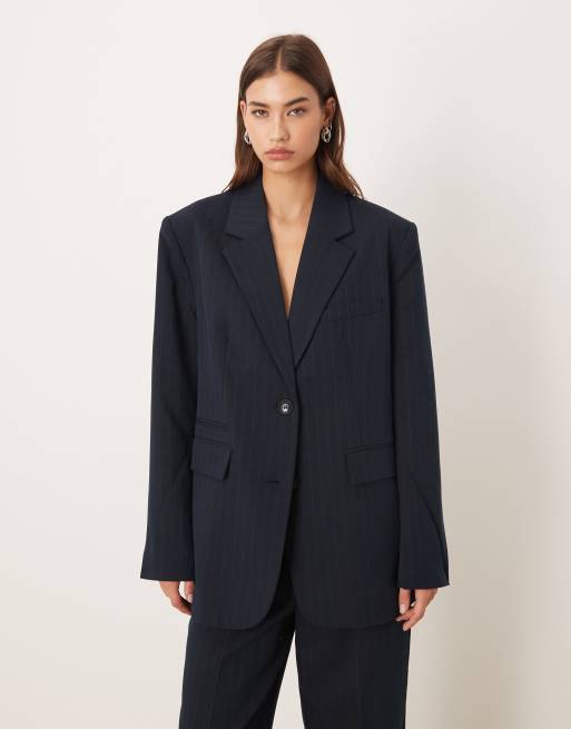 Gina Tricot - Blazer oversize color blu navy gessato in coordinato