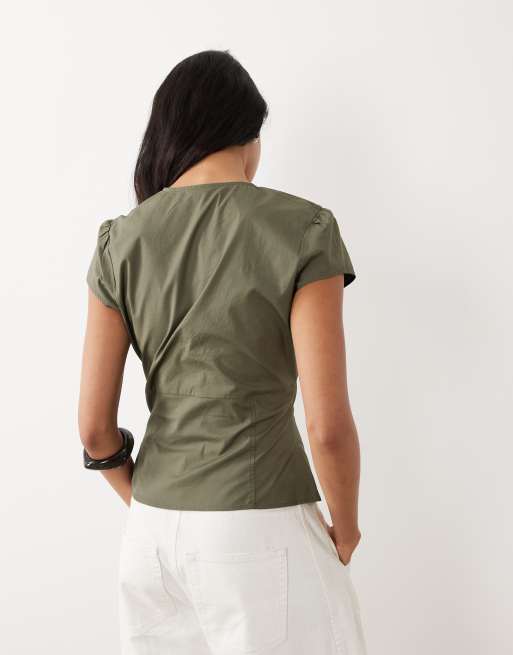 Gina Tricot - Blouse à manches courtes et taille cintrée - Vert olive, 4 de 4