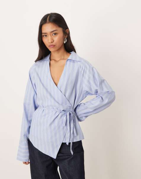 Gina Tricot - Blouse cache-cœur en coton rayé - Bleu - view 1