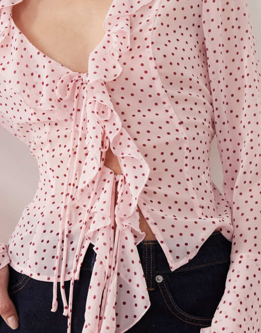 Gina Tricot - Blouse col V à pois et volants - Rose, 3 de 4