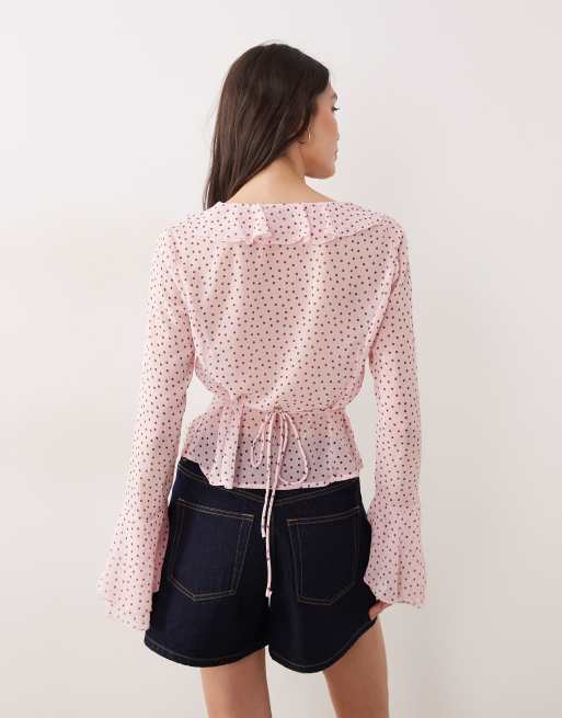 Gina Tricot - Blouse col V à pois et volants - Rose, 4 de 4