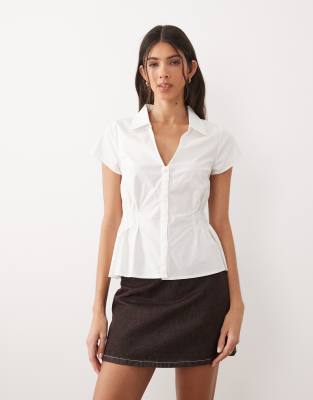 Blouse effet froissé en coton majoritaire à taille cintrée - Blanc M