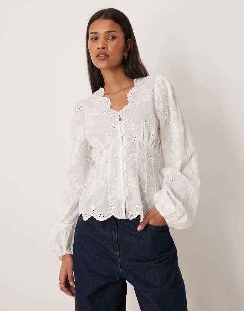 Gina Tricot - Blouse en broderie anglaise à col V - Blanc - view 1