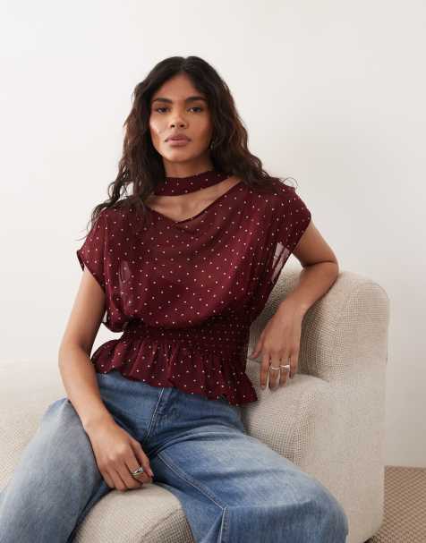 Gina Tricot - Blouse met korte mouwen, sjaal en stippenprint in bordeauxrood - view 1