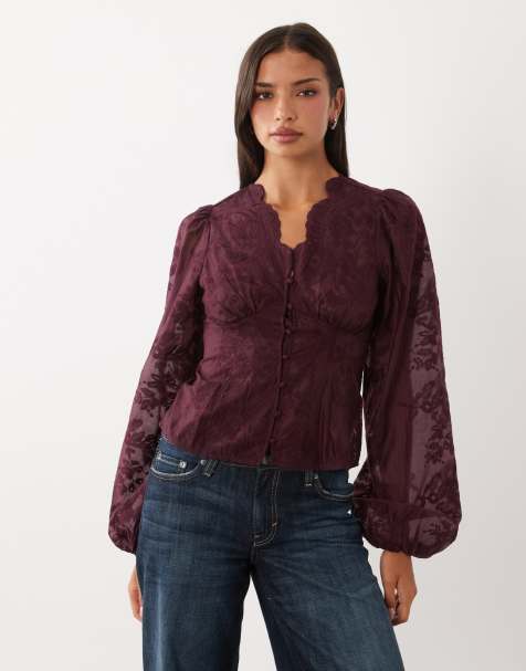 Gina Tricot blouse met V-hals en borduursel in bordeauxrood - view 1
