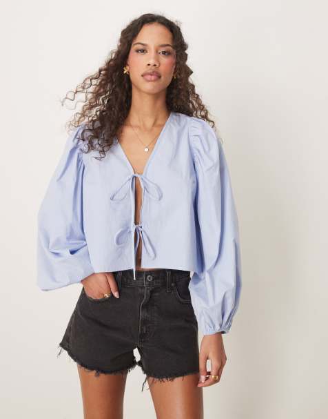 Gina Tricot blouse top with tie front and volume sleeves in blue - view 1