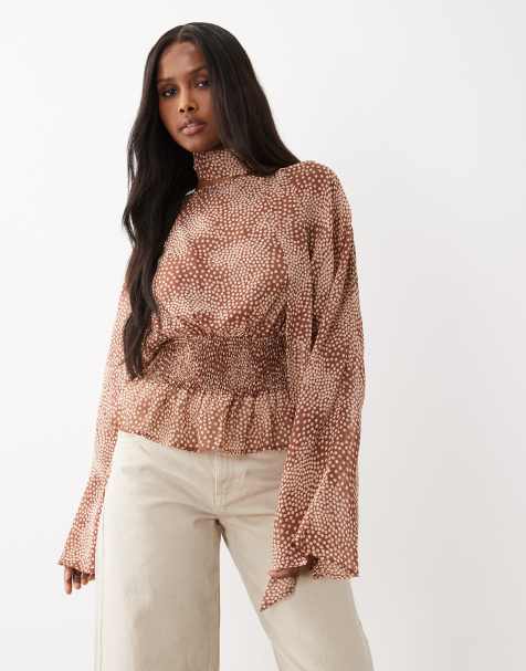 Gina Tricot - Blousetop met lange mouwen en sjaal in lichtbruin met stippen - view 1