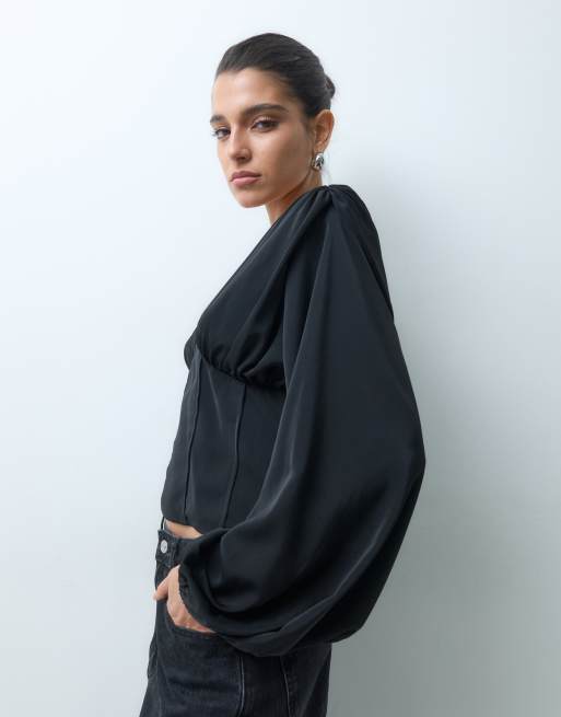 Gina Tricot blusa a corsetto con scollo a V nera, 4 di 5