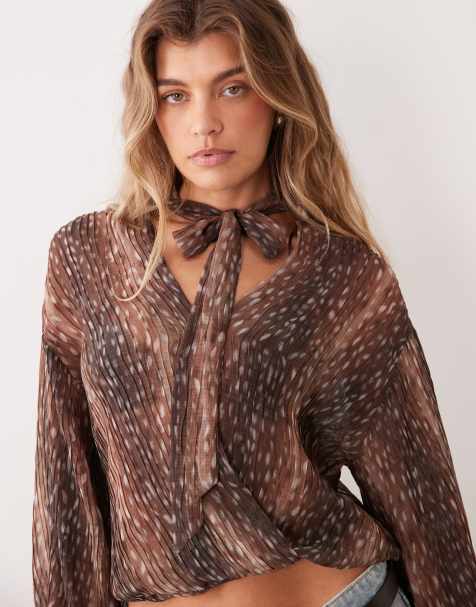 Gina Tricot blusa a maniche lunghe con sciarpa e stampa cervi marrone - view 1