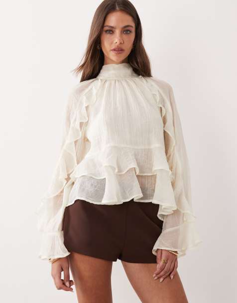 Gina Tricot - Blusa accollata a maniche lunghe bianco sporco con volant - view 1