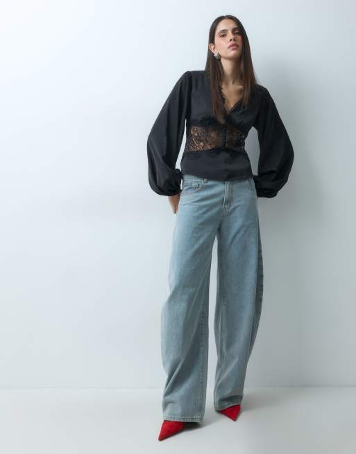 Gina Tricot blusa in raso e pizzo nera, 2 di 5