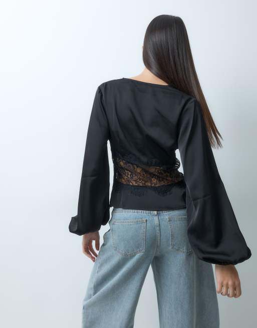 Gina Tricot blusa in raso e pizzo nera, 4 di 5