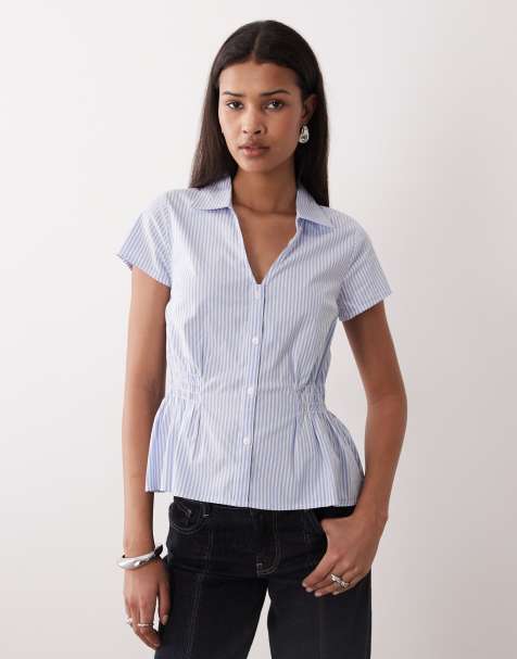Gina Tricot - Blusa stropicciata stretta in vita in misto cotone a righe blu e bianche - view 1