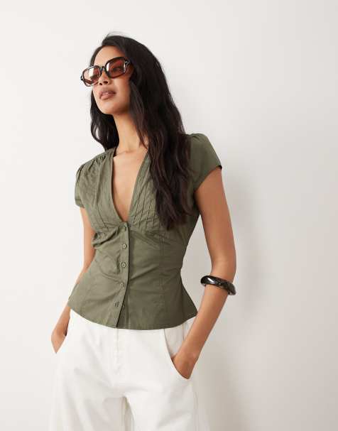 Gina Tricot - Blusa verde oliva de manga corta con cintura ceñida - view 1