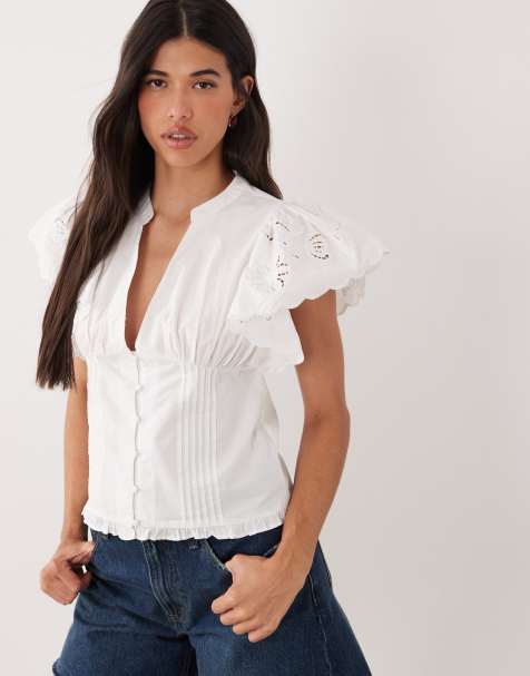 Gina Tricot – Bluse aus reiner Baumwolle in Weiß mit Puffärmeln und Lochstickerei - view 1