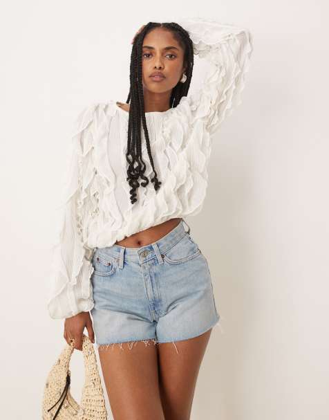 Gina Tricot – Bluzka z falbanką i obszernymi rękawami w kolorze ecru - view 1