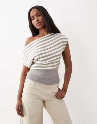 Gina Tricot boatneck off shoulder short top in yellow stripe