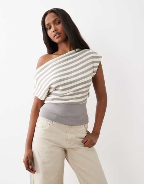 Gina Tricot boatneck off shoulder short top in yellow stripe - view 1