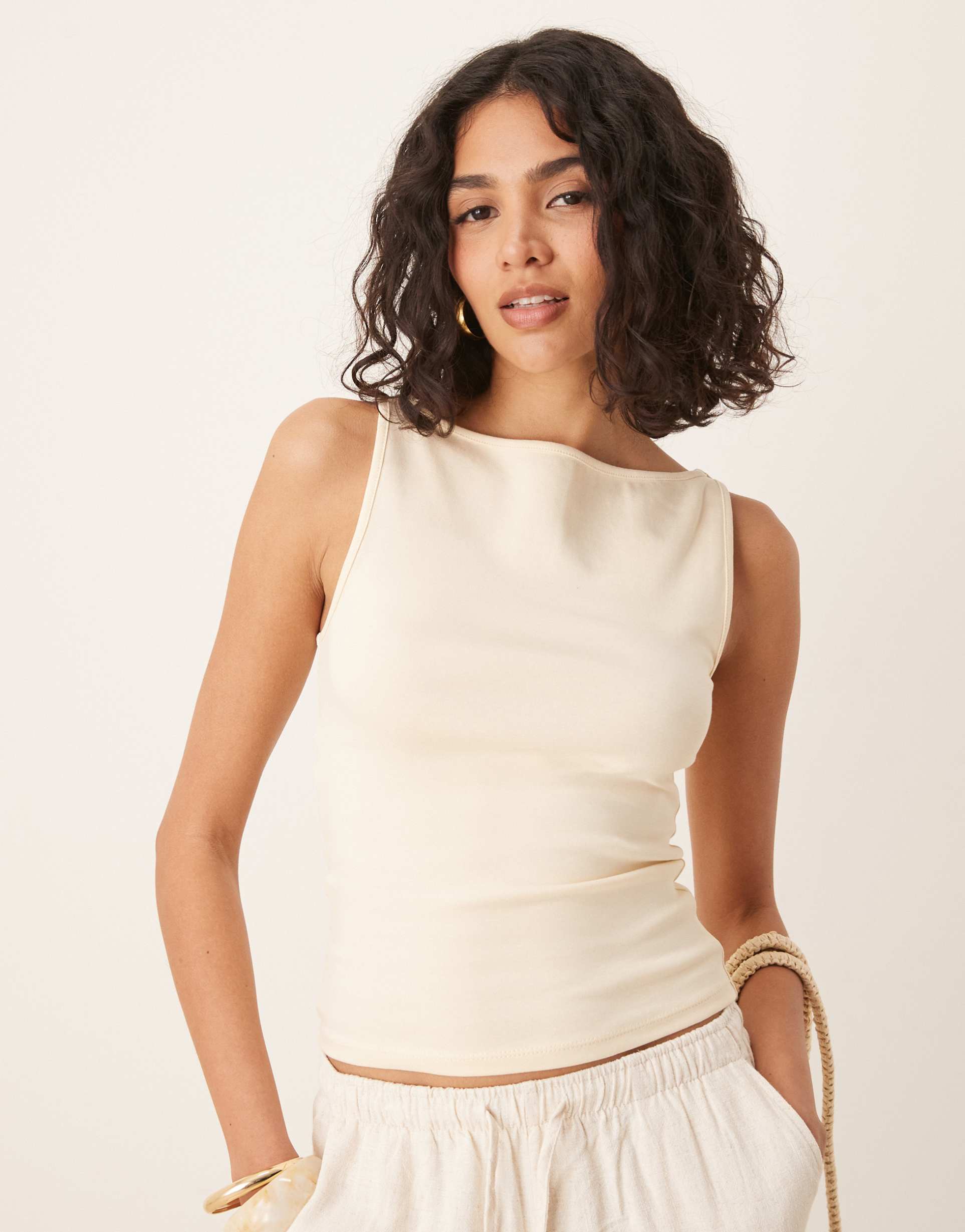 gina tricot boatneck slinky top in butter yellow