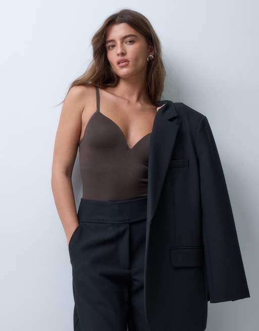 Gina Tricot body modellante con scollo profondo marrone, 3 di 4