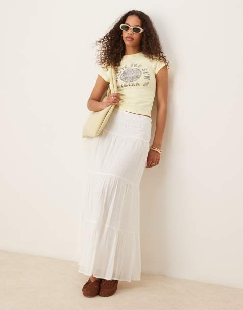 Gina Tricot boho tiered maxi skirt in white - view 1
