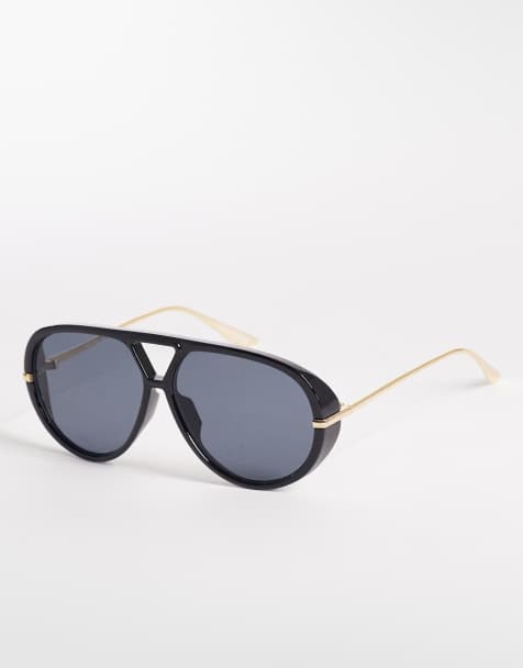 Gina Tricot bold aviator sunglasses in black with gold hardware  - view 1