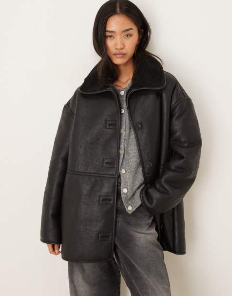 Gina Tricot bonded PU teddy borg short jacket in black - view 1