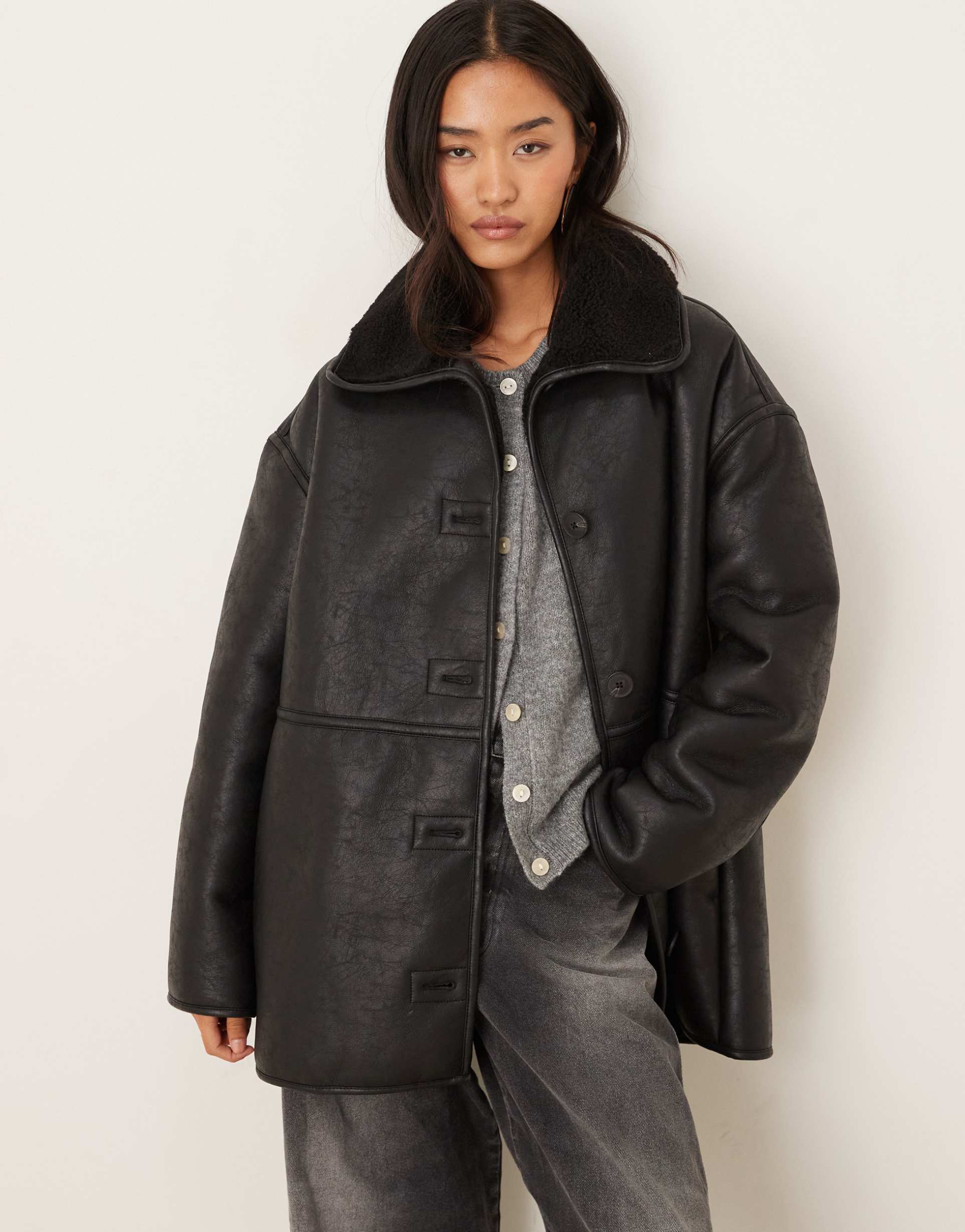 gina tricot bonded pu teddy borg short jacket in black