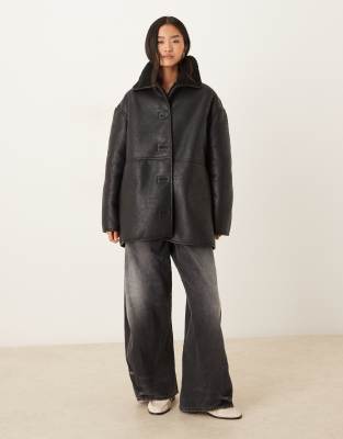 Gina Tricot Bonded Pu Teddy Borg Short Jacket In Black